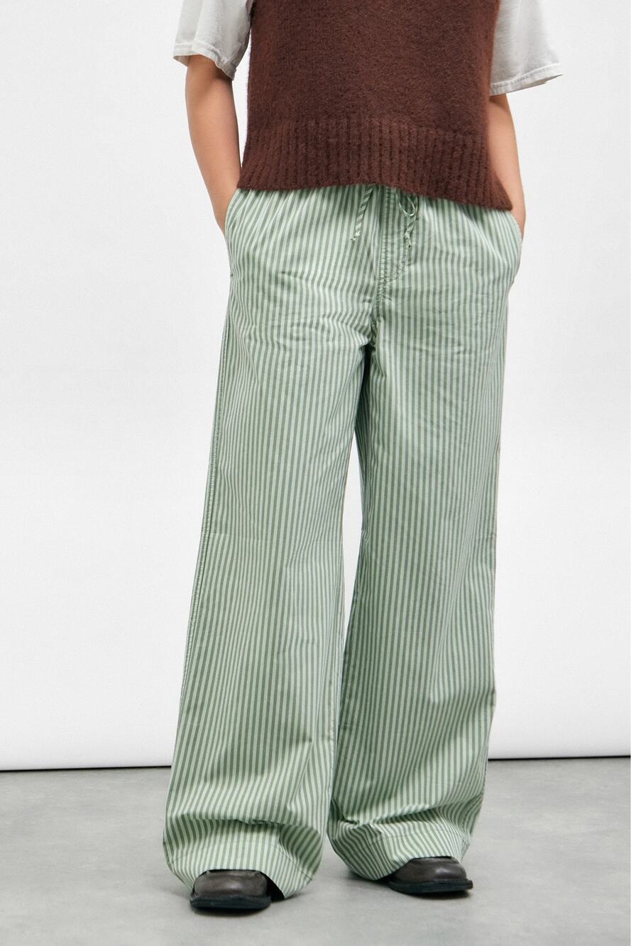 Wide-Leg Striped Green Pants